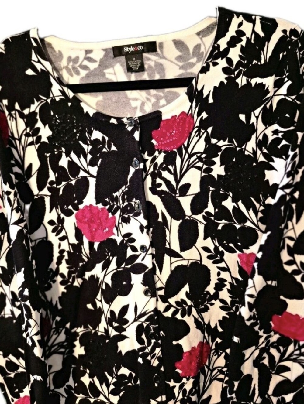 Style & Co. Black and White Floral Button-Front Cardigan with Sequin Pink Blooms